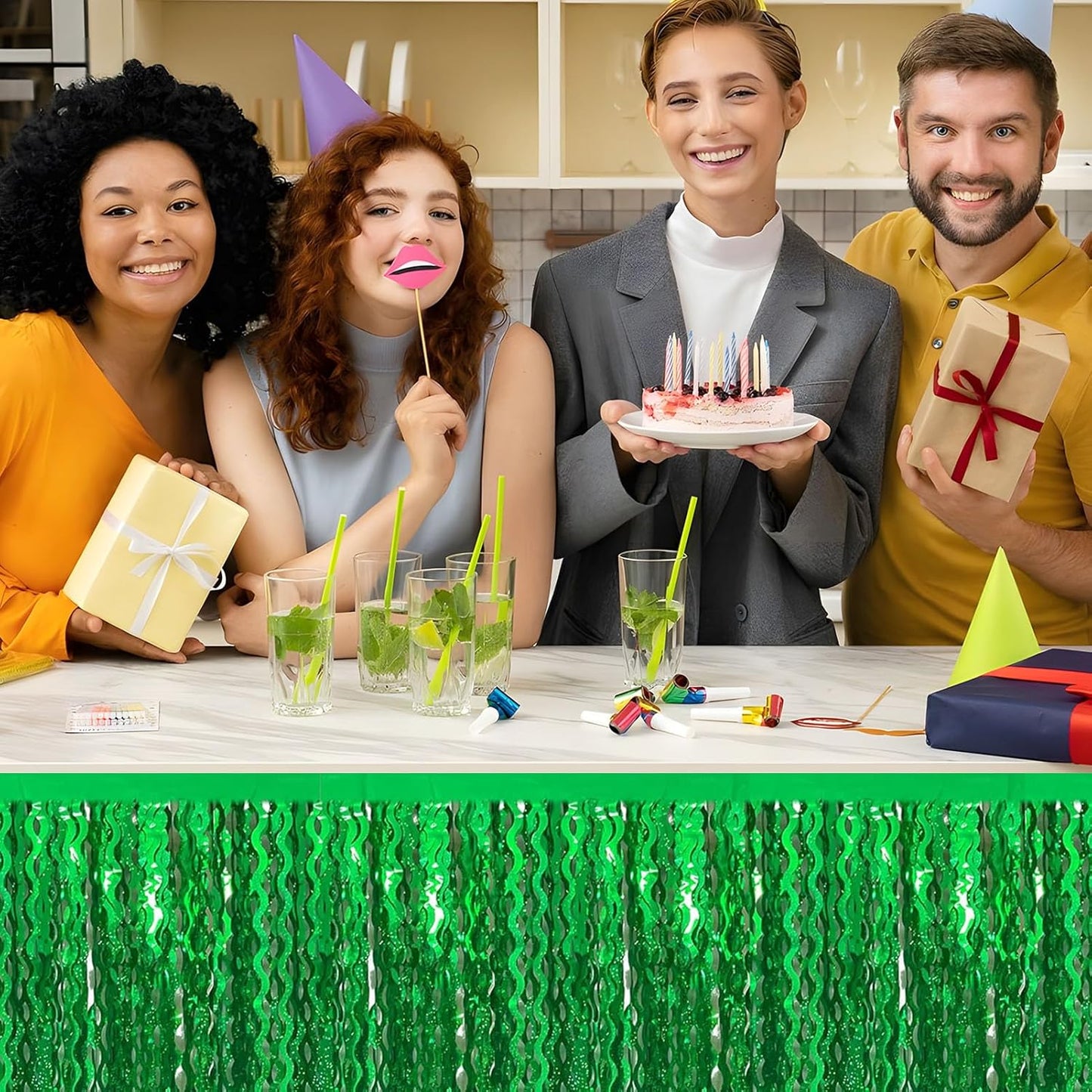 6 Pack 29x108 Inch Green Wave Foil Fringe Table Skirts Metallic Banner for Tinsel Streamer Garland Backdrop for Parade Floats Mother's, Graduate, Mardi Gras, Birthday, Wedding Party Decorations