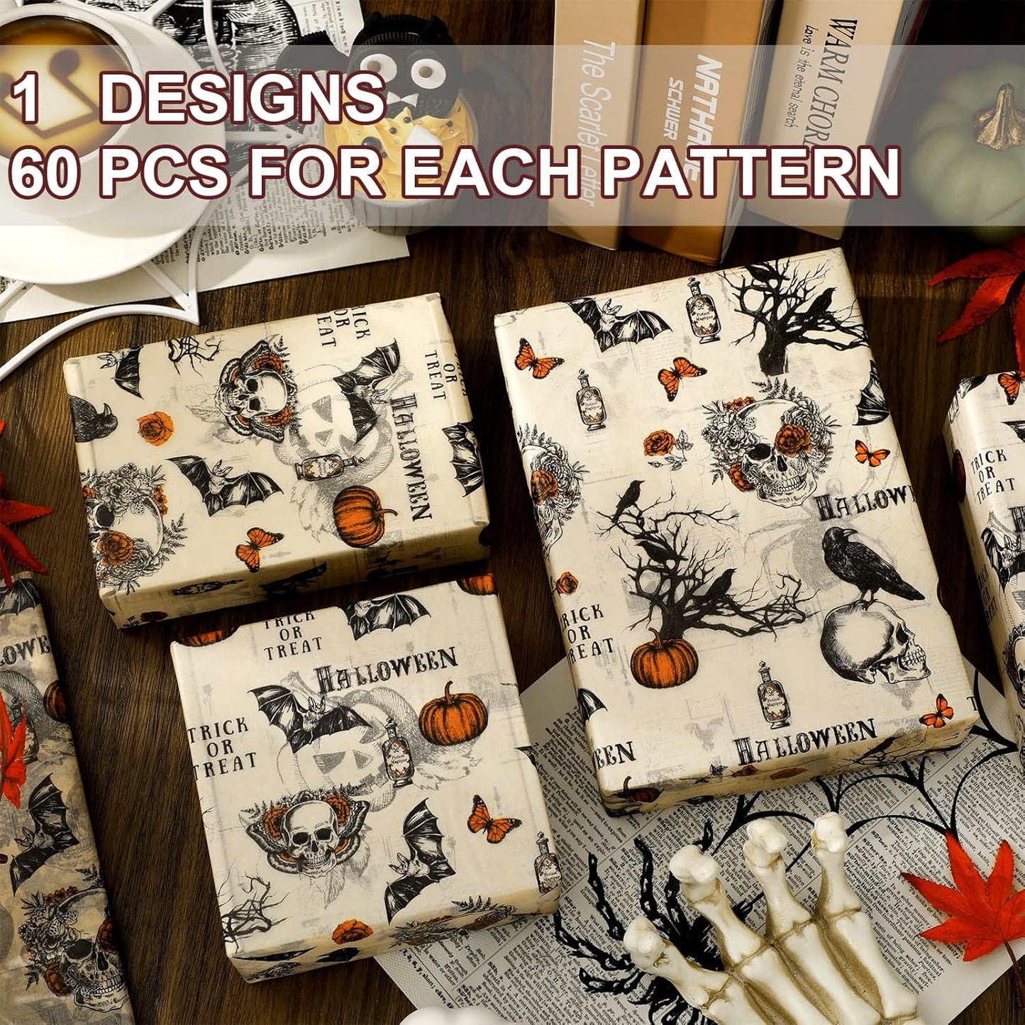 JarThenaAMCS 60 Pcs Halloween Tissue Paper Retro Gothic Skull Crow Pumpkin Wrapping Paper Decorative Art Tissue for Home Party Trick or Treat DIY Crafts, 14 x 20 Inch