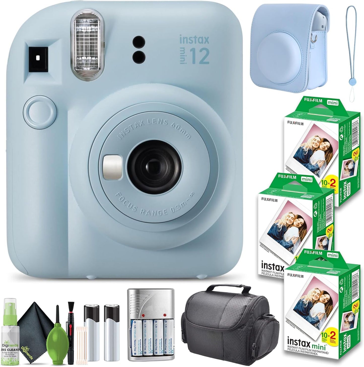FUJIFILM INSTAX MINI 12 Film Camera Pastel Blue Bundle with Instant Film- 60 Photo Sheets with Camera Case and Accessories Ideal Gift for Kids, Teenage Girl & Adults