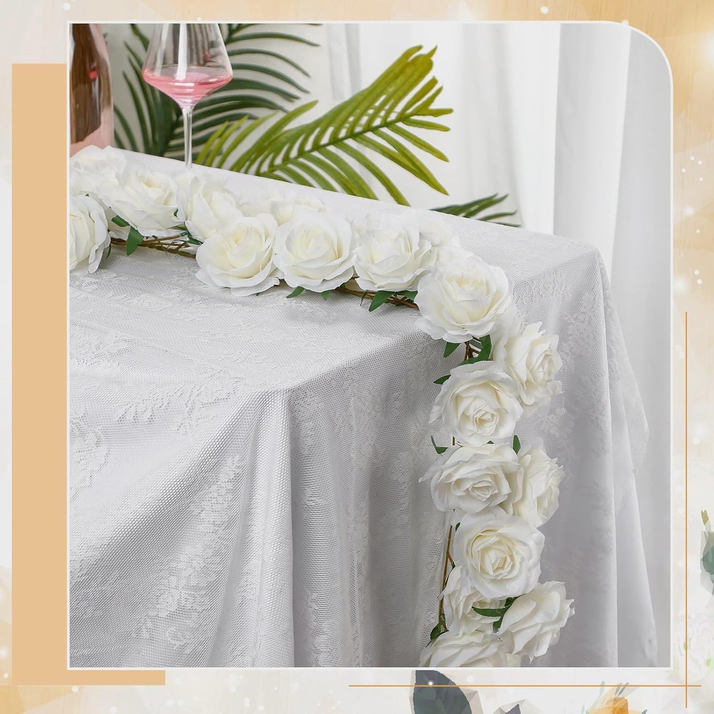 2 Pcs White Artificial Rose Vine Hanging Fake Flowers Garland for Wedding Anniversary Birthday Party Background Arch Garden Home Wall Room Decor