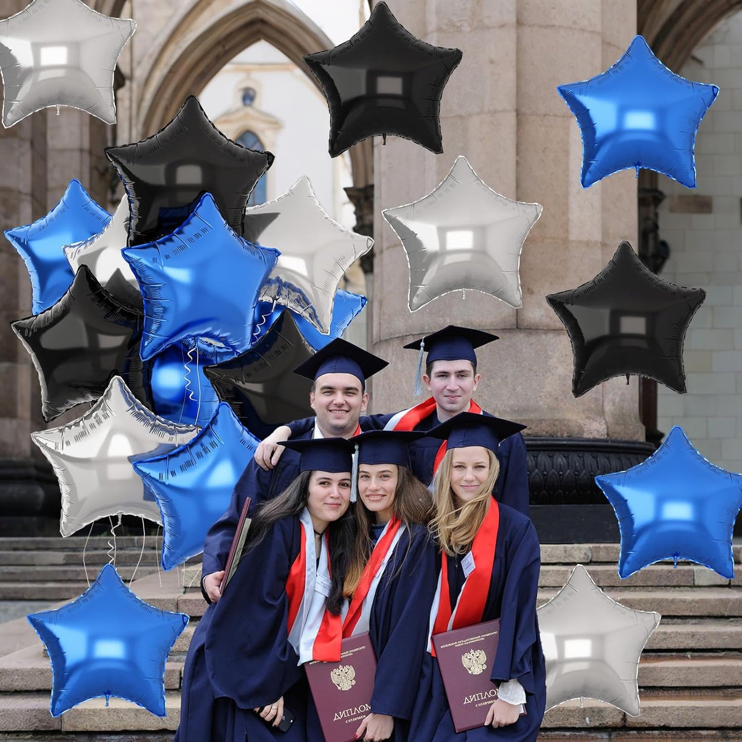 Blue Black Star Balloons Helium, 18Inch Silver and Blue Stars Shape Foil Balloon, 12Pcs Blue Pentagram Mylar Party Decoration for Boy Men Birthday Graduation Space Theme Eid Party Baby Shower Supplies