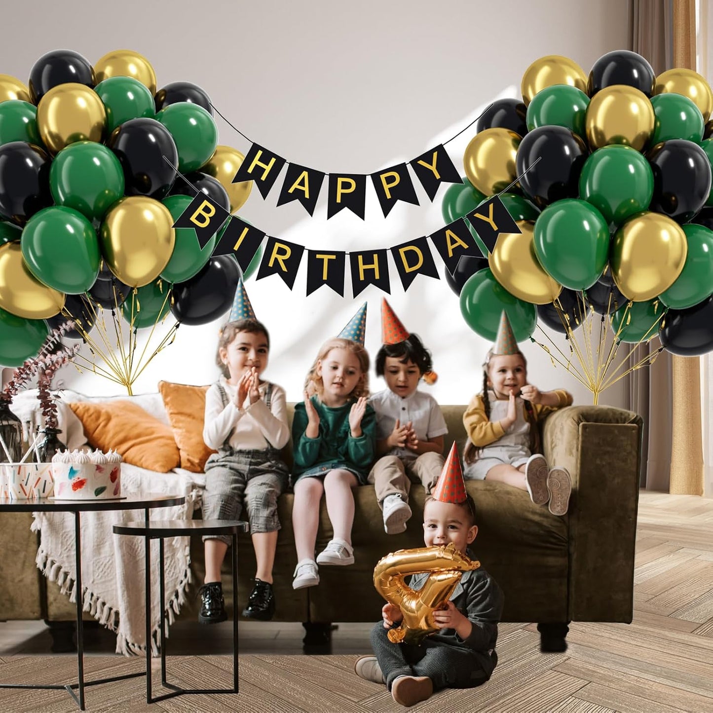 60pcs Green and Black balloons 12inch with Dark Green Metallic Gold Balloons for Jungle Safari Birthday Party Decorations