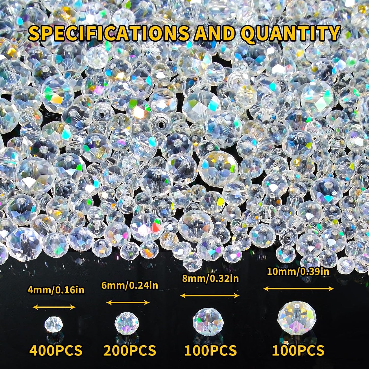 800Pcs 4/6/8/10mm Crystal Glass Beads for Jewelry Making Beads for Bracelets Necklace Pendants Making Supplies(White AB Color)