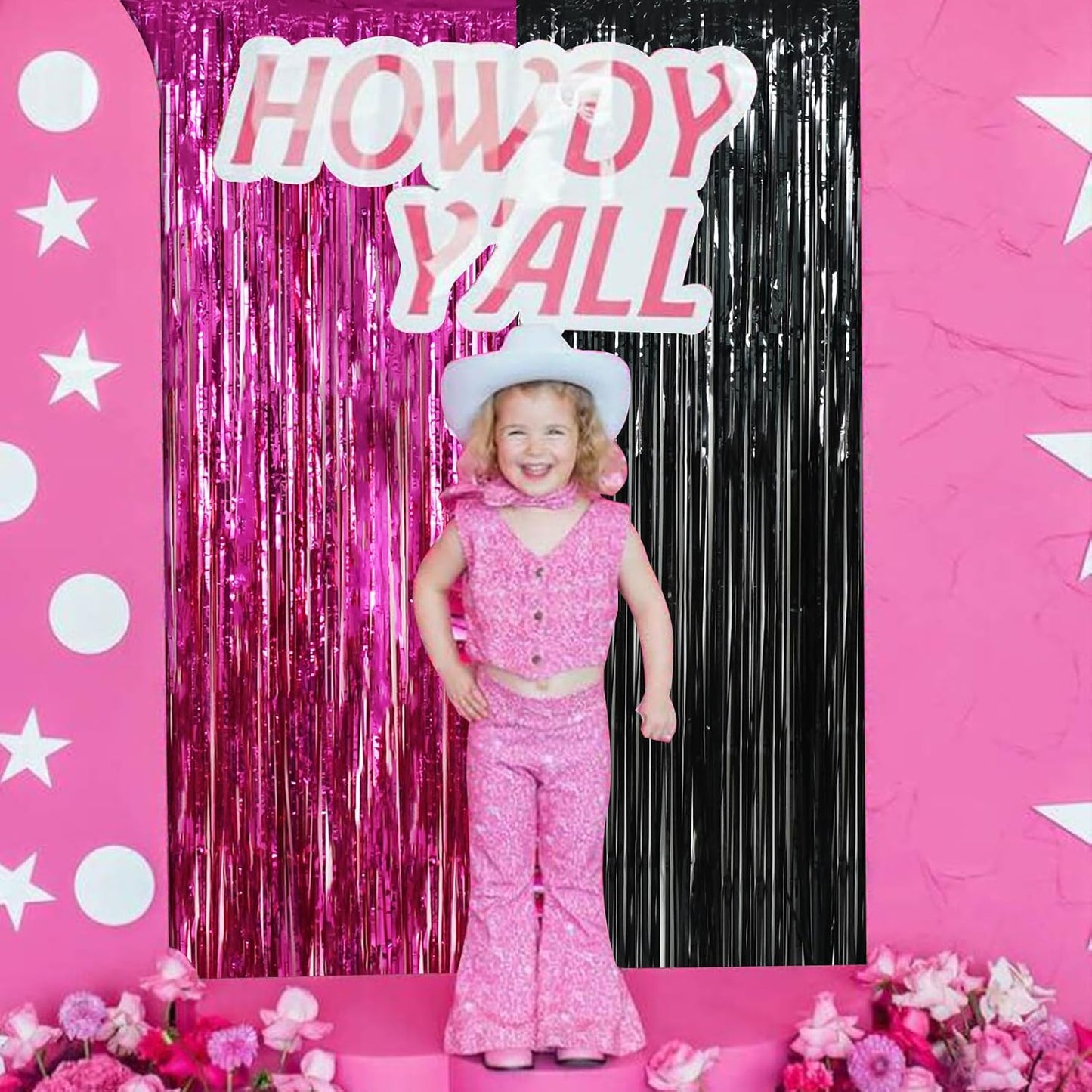 BEISHIDA 4 Pcs Hot Pink Black Door Streamers Curtain Party Streamers Backdrop Pink Party Hot Pink Wall Background for Party Decoration Photo Booth Props(3.28 ft x 6.56 ft)