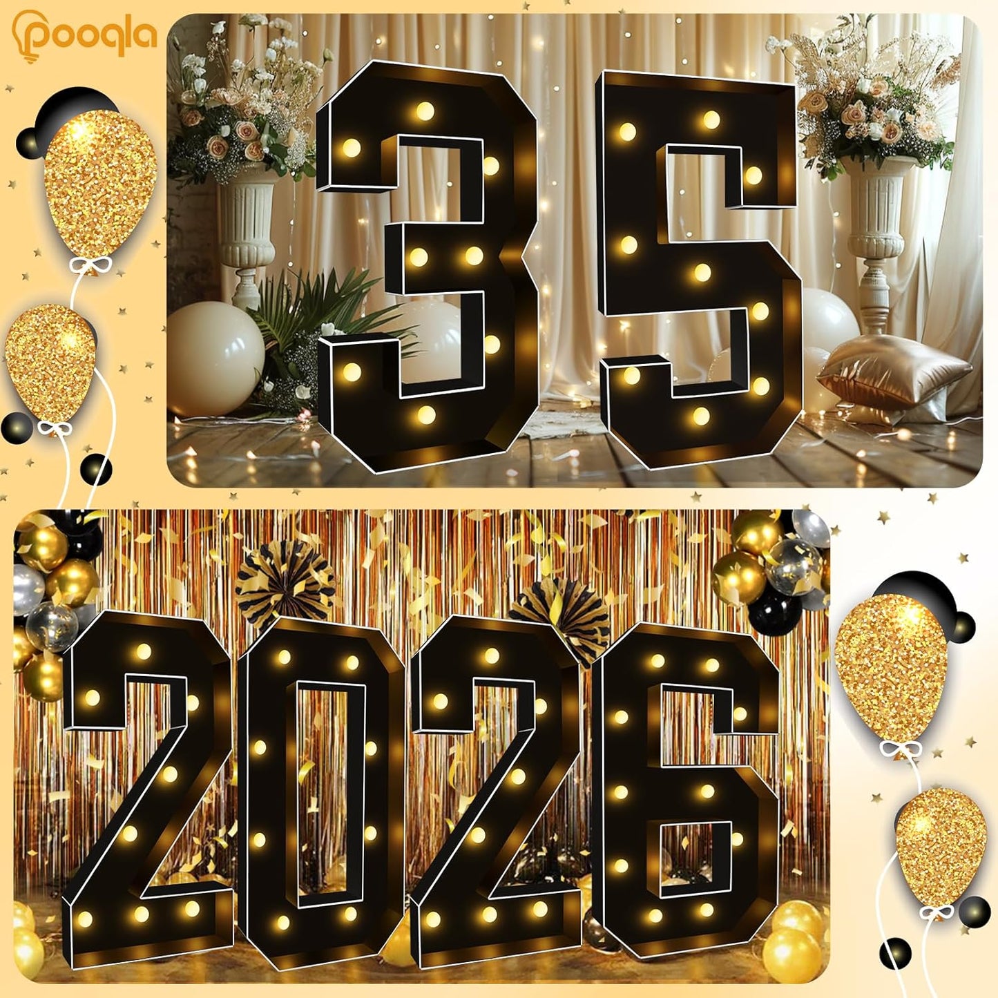 Pooqla 3FT Marquee Light Up Numbers, Black Lighted Party Decor for her him Women Men, Giant Mosaic Light Up Numbers for 6th 16th 60th Birthday Anniversary Decoration, Number 6