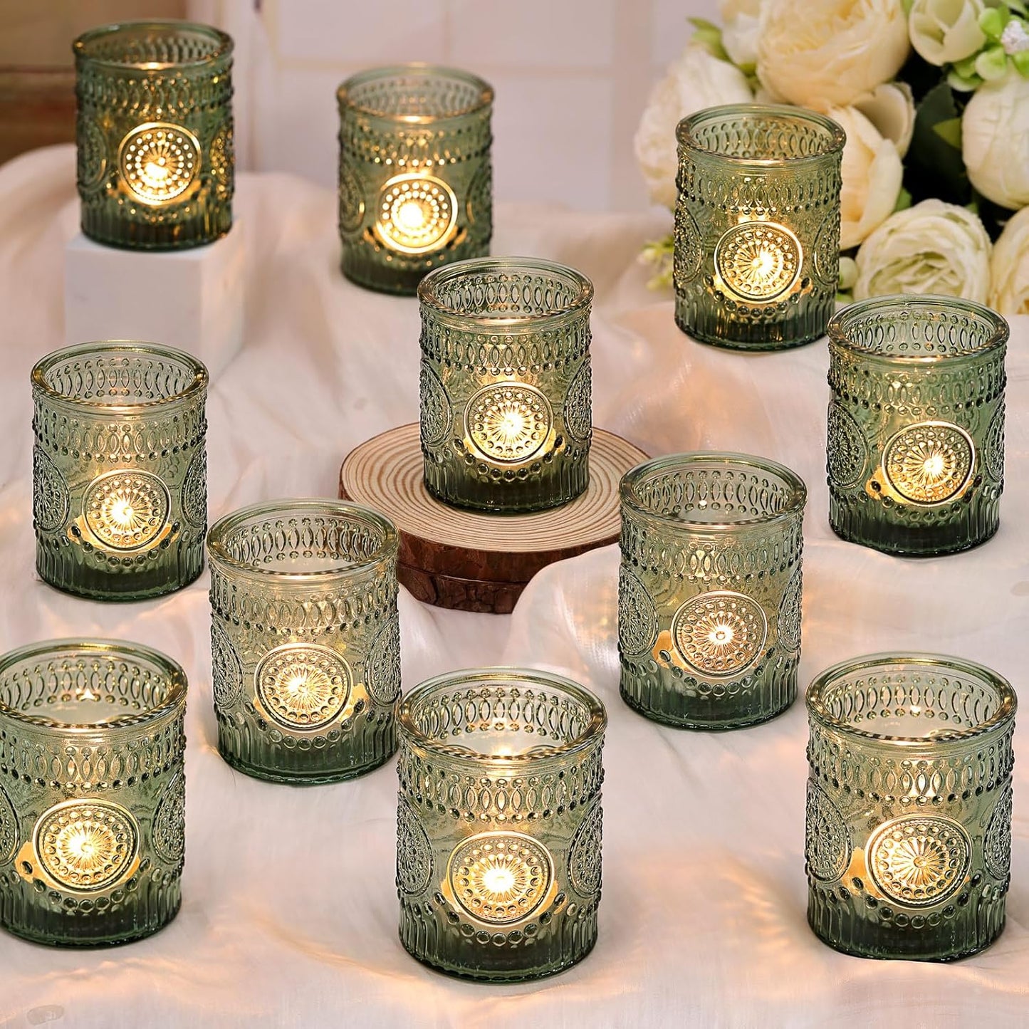 DARJEN Green Votive Candle Holders Set of 36- Glass Candle Holders Bulk for Flameless LED Tea Waxes, Tea Light Candle Holder for Wedding & Home Table Decor, Vintage Parties Gifts