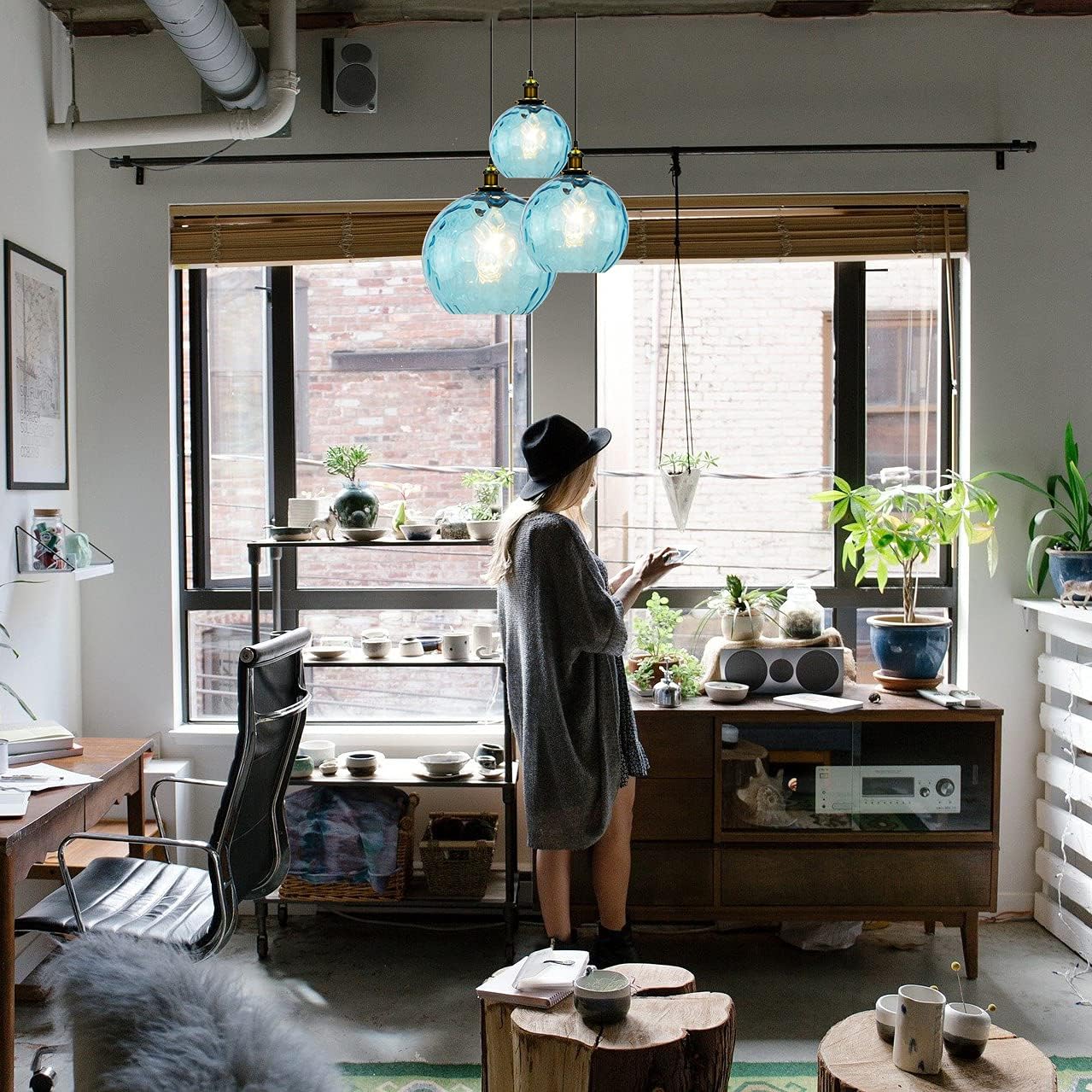 Pendant Light Shade Industrial Hanging Lights Fixtures Ceiling Outdoor Pendant Lighting for Kitchen Island Dining Room Unique Lamp in Kitchen Farmhouse Bedroom (Blue, 5.9 Inches)