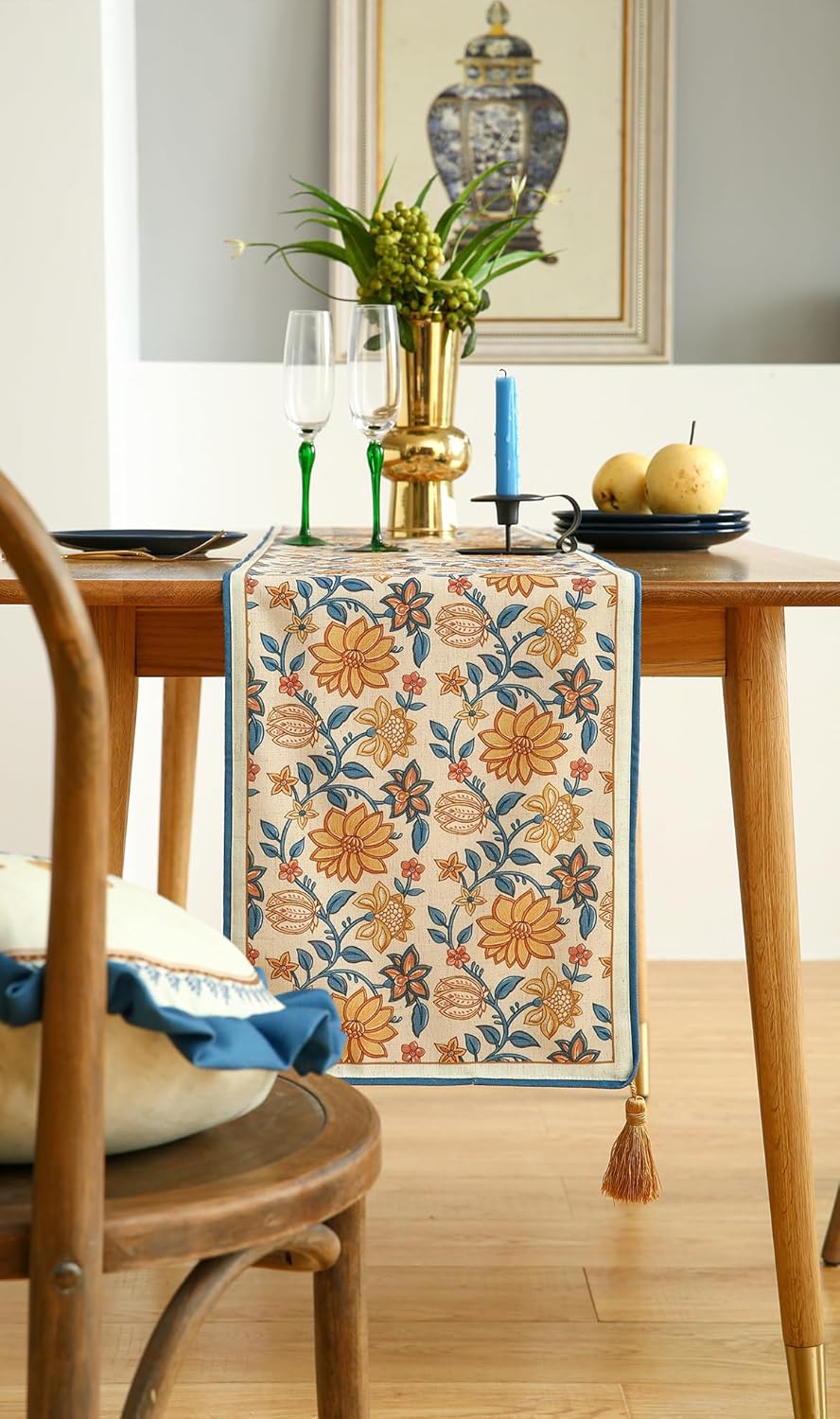 ISAENNE Designer Bohemian Elegant Linen Table Runner 102 Inches Long,Floral Pattern Duable Decor Table Runners for Dining Tables,Thanksgiving,Kitchen Tables,Christmas,12"*102"-Estevan B