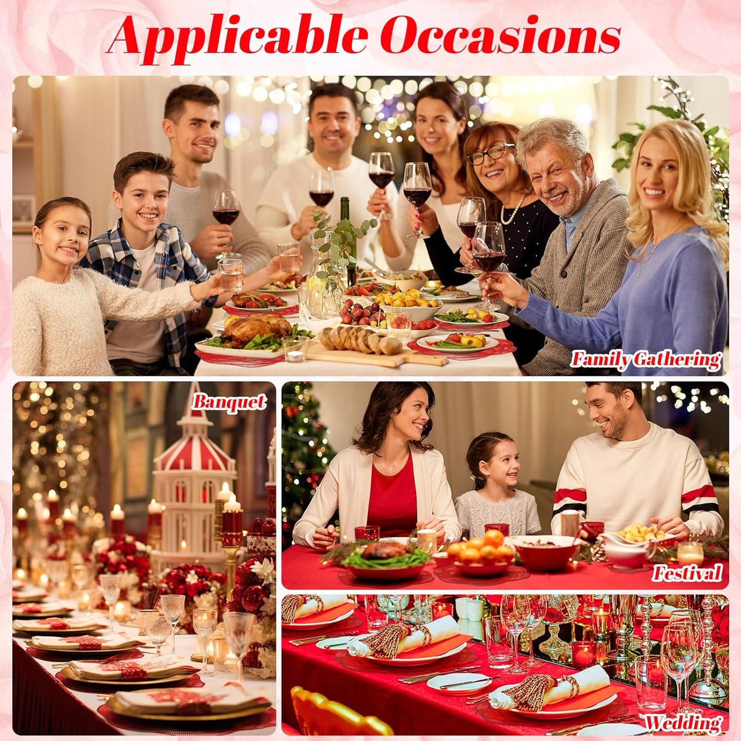 Sieral 12 Set 15 Inch Round Pressed Vinyl Placemats Hollow Out Rose Placemat Set Metallic Slip Resistant Place Mat Coaster Including Place Mats and Coasters for Wedding Dining Kitchen (Red)