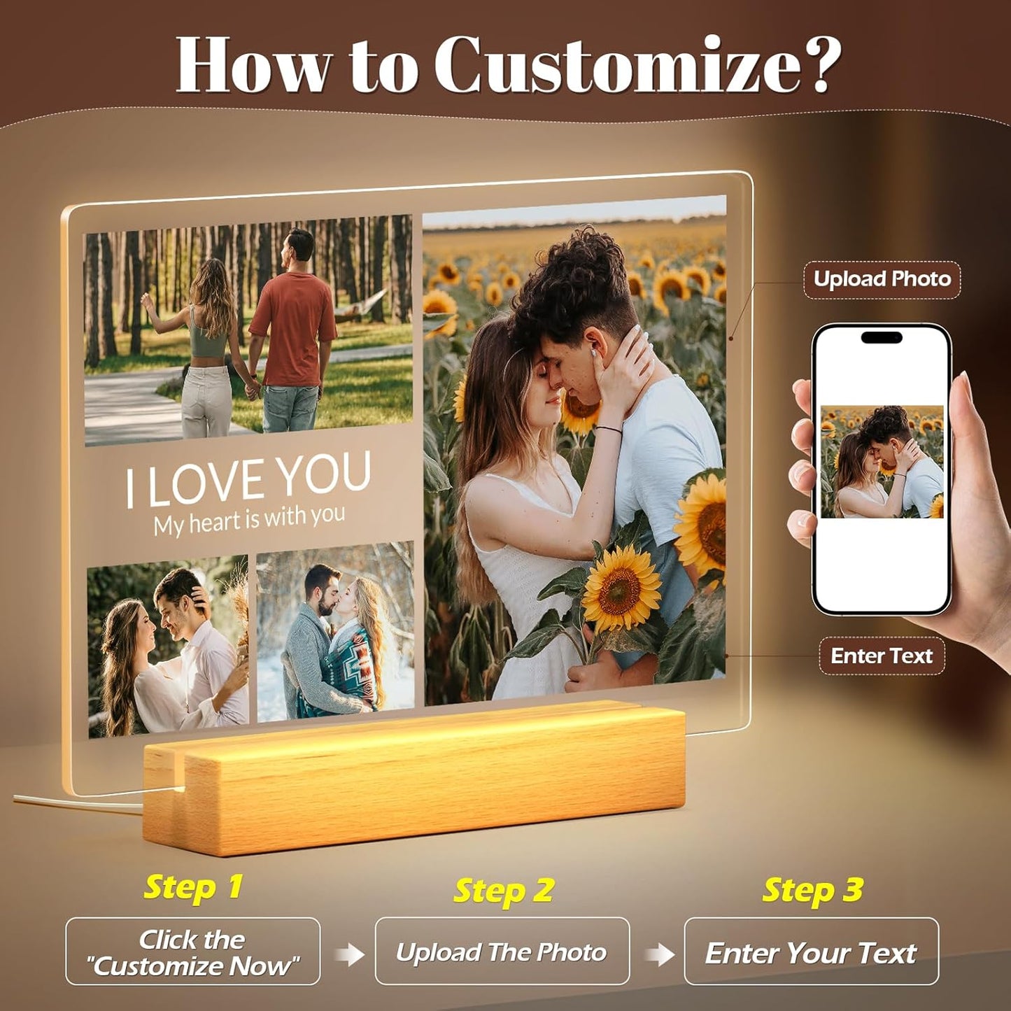 Personalized Anniversary Birthday Gifts for Women & Men, Custom Picture Frames with Photo, Personalized Photo Frame with Night Light, Custom Photo Gifts for Her, Him, Couple, Boyfriend, Girlfriend