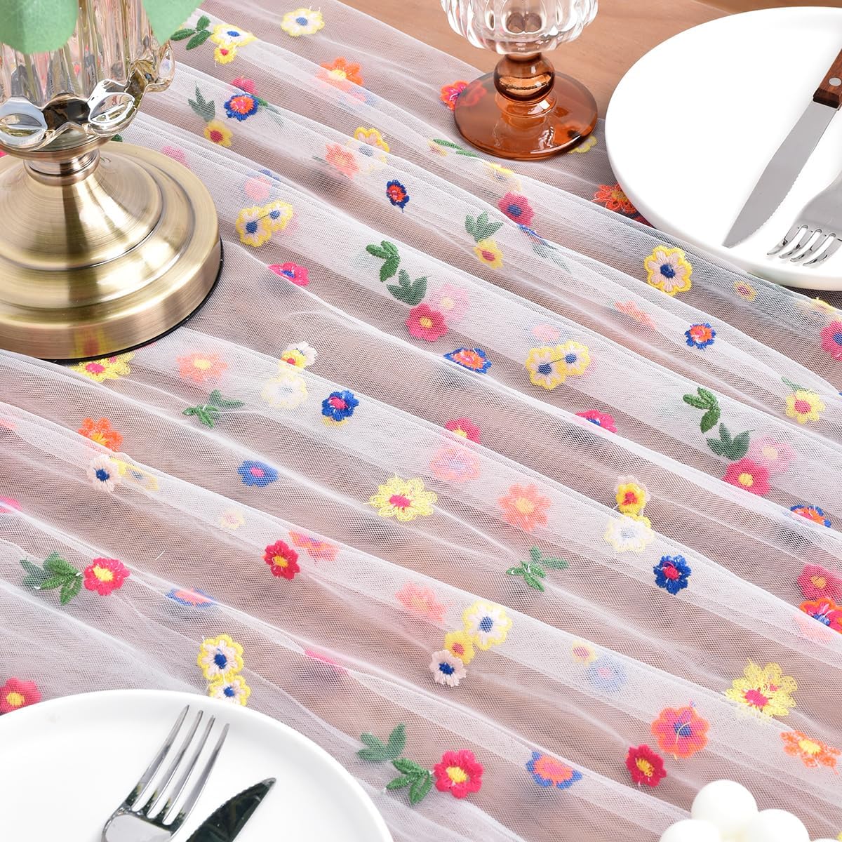 Joanlody Ivory Embroidery Daisy Fall Thanksgiving Table Runner 10ft Florals Seasonal Tulle Table Runner Holiday Kitchen Dining Table Decoration for Home Party Indoor