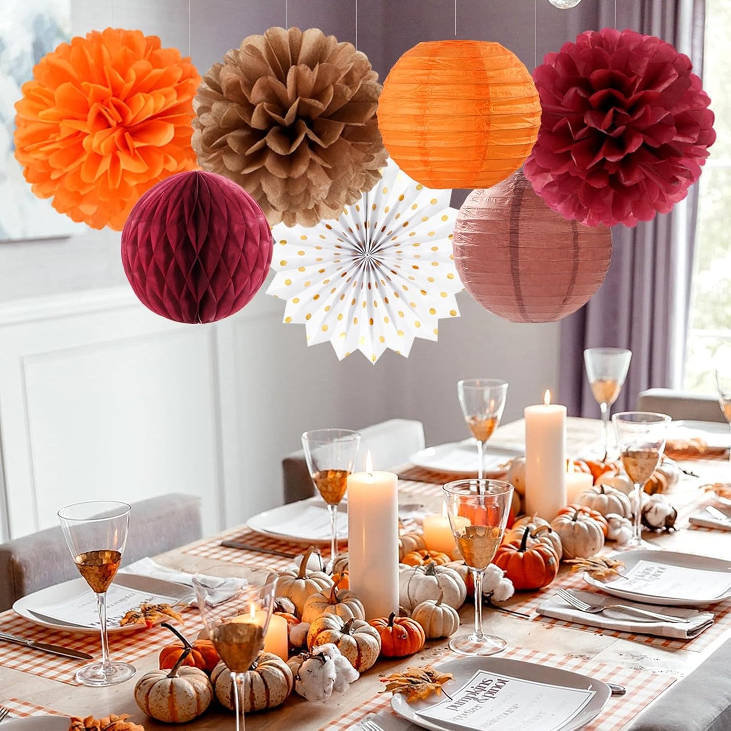 Fall Boho Baby-Shower Party-Decorations Streamers-Lanterns - 14pc Autumn Harvest Brown Orange Burgundy Paper Fan,Rustic Birthday Wedding Bridal Tissue Pom Poms,Honeycomb Balls,Engagement Decor Ouruola
