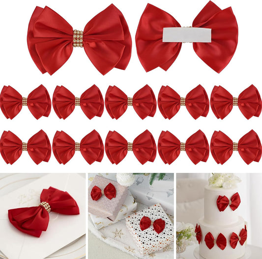 Red Bows 4'' Premade Satin Ribbon Bow, Red Gift Bows with Rhinestone, Wrapping Bows for Presents, Greeting Cards, Treat Bags, Wine Bottles, Valentines Bows for Gift Wrapping-12 Counts