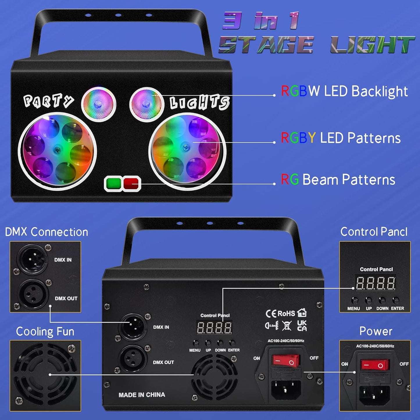 LED Patterns Stage Ligths, Party Lights Dj Disco Lights with Remote & DMX Controlled, Sound Activated Strobe Patterns for Party or Event, Game Dances, Karaoke Light (8.7"x6.3"x7.5")