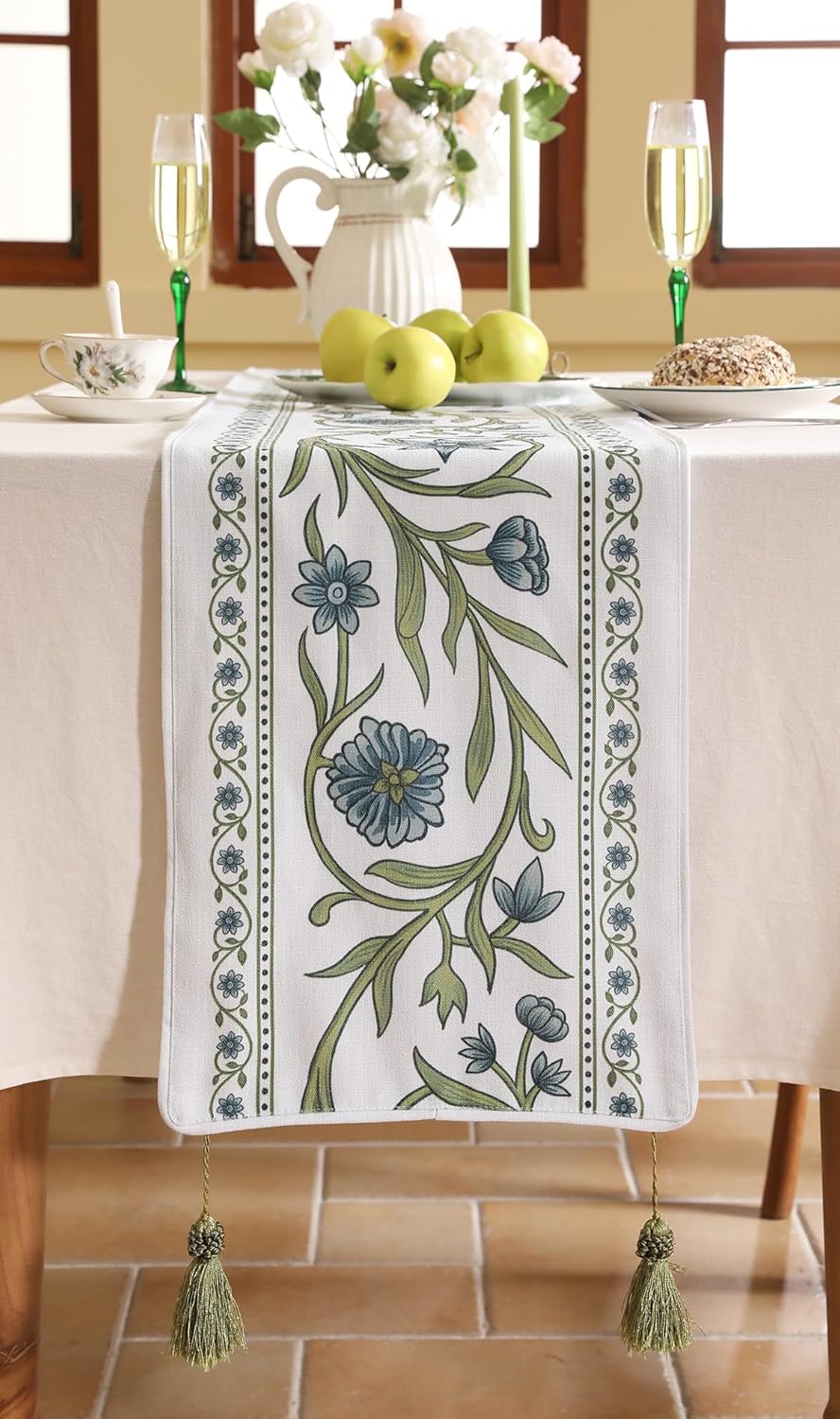 ISAENNE Designer Elegant Linen Table Runner 102 Inches Long,Vintage Blue Floral Pattern Decor Table Runners for Dining Tables,Kitchen Tables,Thanksgiving,Christmas,Banquet,12"*102"-Mosella E