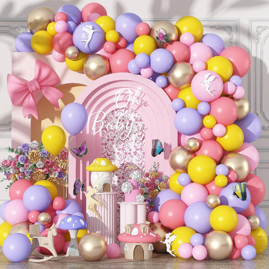 Fairy Balloon Arch Kit 107Pcs Pastel Pink Purple Balloons Garland Dusty Pink Yellow Champagne Gold Birthday Party Balloons for Girls Mushroom Butterfly Garden Wild Floral Bridal Baby Shower Decoration