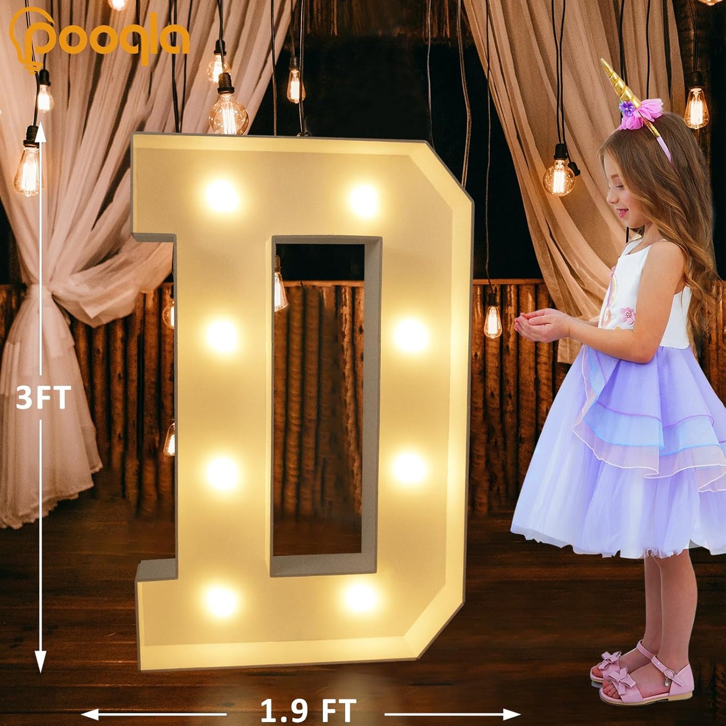 Pooqla 3FT Marquee Light Up Letters, Cool White and Warm White LED Big Mosaic Marquee Letters 3 Feet, Giant Letter Sign for Balloons Birthday Anniversary Wedding Party Decoration, LED D
