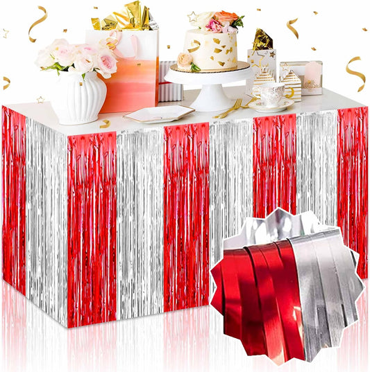 3 Pack 29 x108 Inch Red and Silver Foil Fringe Table Skirts Metallic Banner for Tinsel Streamer Garland Backdrop for Parade Floats Mother's Day, Graduate, Birthday, Wedding Party Decoration