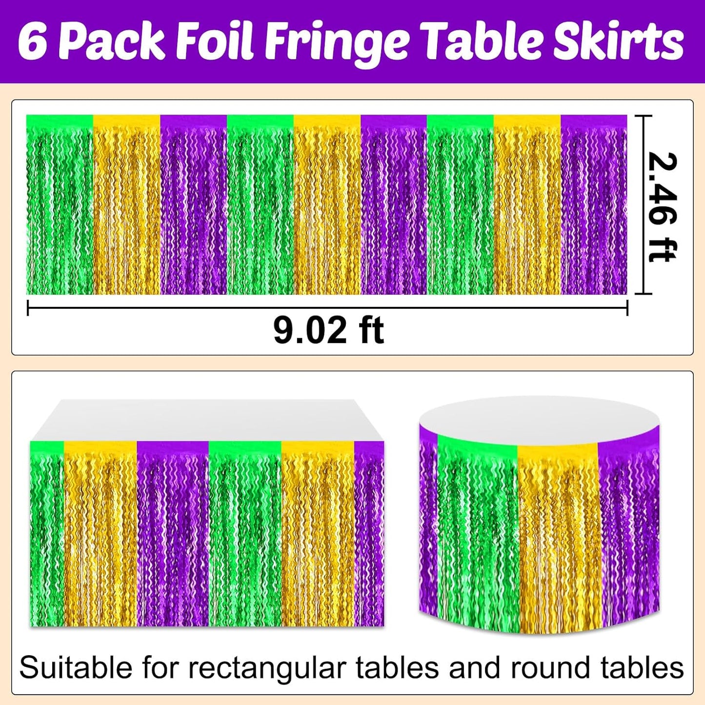 6 Pack 29x108 Inch Gold Green Purple Wave Foil Fringe Table Skirts Metallic Banner for Tinsel Streamer Garland Backdrop for Parade Floats Wedding, Mother's Day, Birthday Mardi Gras Party Decorations