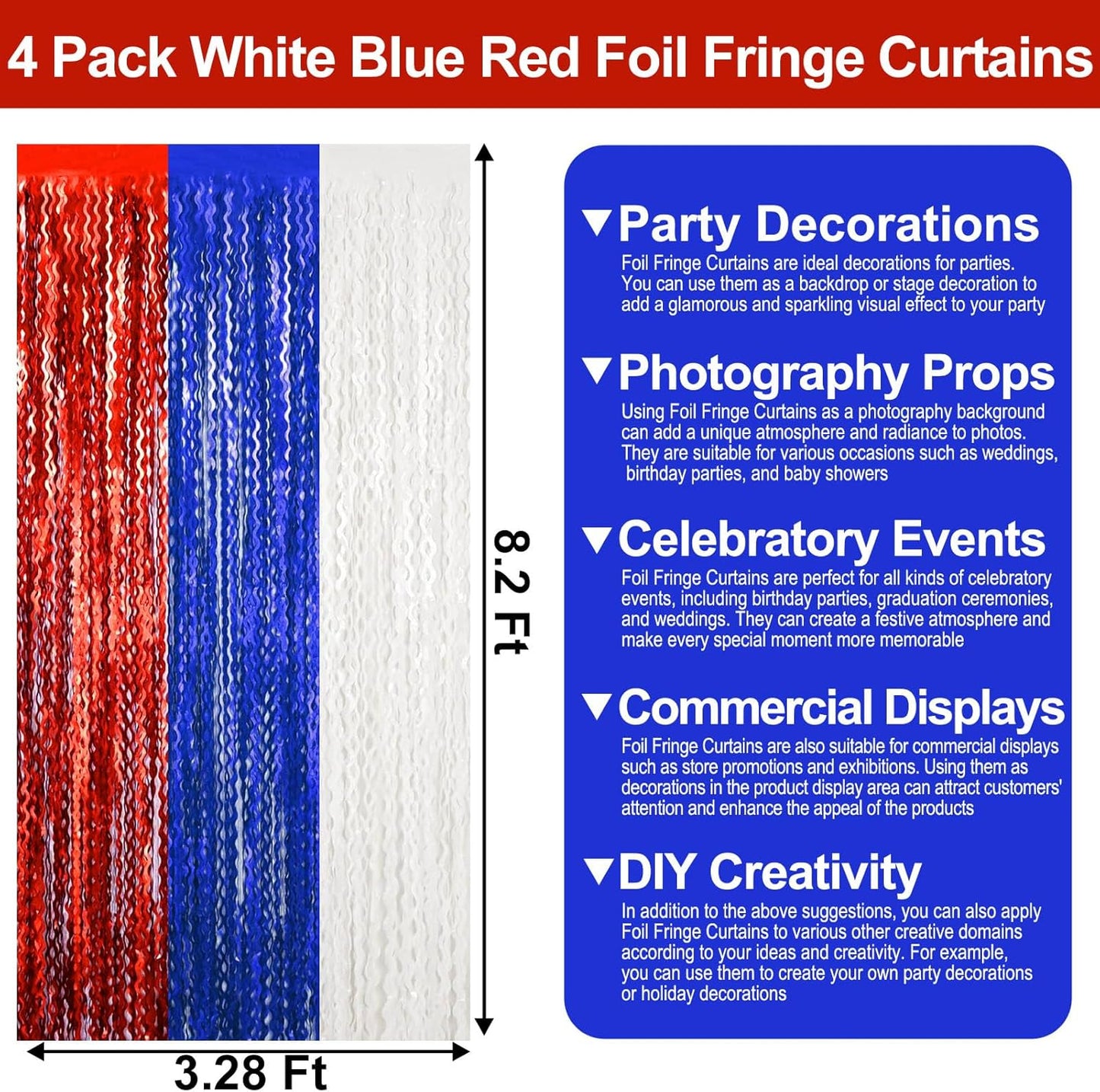 4 Pack White Blue Red Wave Foil Fringe Curtain Backdrop, 3.28Ft x 8.2Ft Metallic Tinsel Foil Fringe Streamer Curtains for Photo Booth, Mother's Day, Easter, Birthday, Wedding Party Decoration