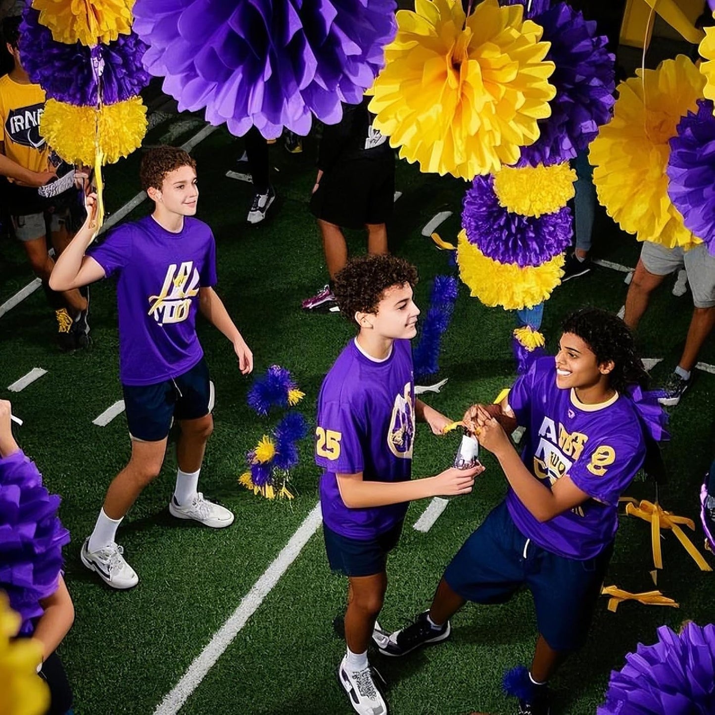 Capesaro Purple Yellow Tissue Paper Pom Poms，12PCS Tissue Paper Flowers for Basketball Sport Theme Party Birthday, Graduation Decorations, Football Party Supplies for Men Boys Adults Sports Theme