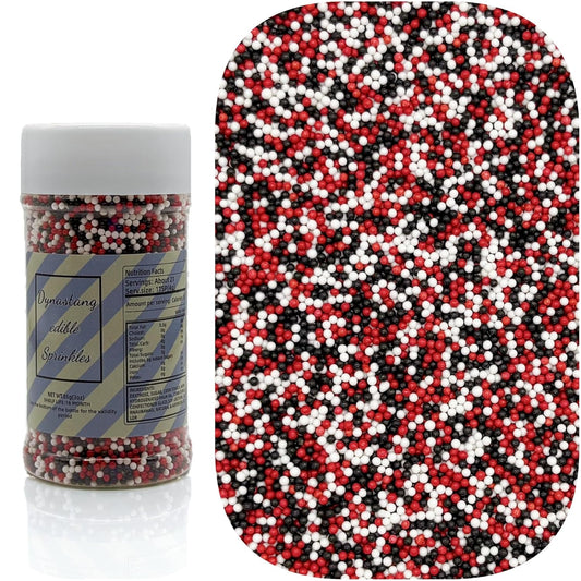 Dynastang 2mm Red & Black & White Pearls Sprinkles Edible Pearls Cake Decorating Stars Cake Decorations Cupcake Toppers Cookie Decorating Perfect for Cakes, Cupcakes, Desserts Toppings 3OZ