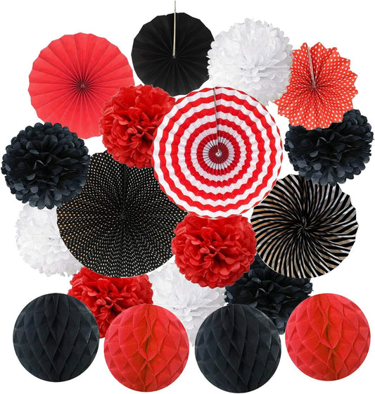 Hanging Paper Fan Set, Tissue Paper Pom Poms Flower Fan and Honeycomb Balls for Birthday Baby Shower Wedding Festival Decorations - Red Black and White