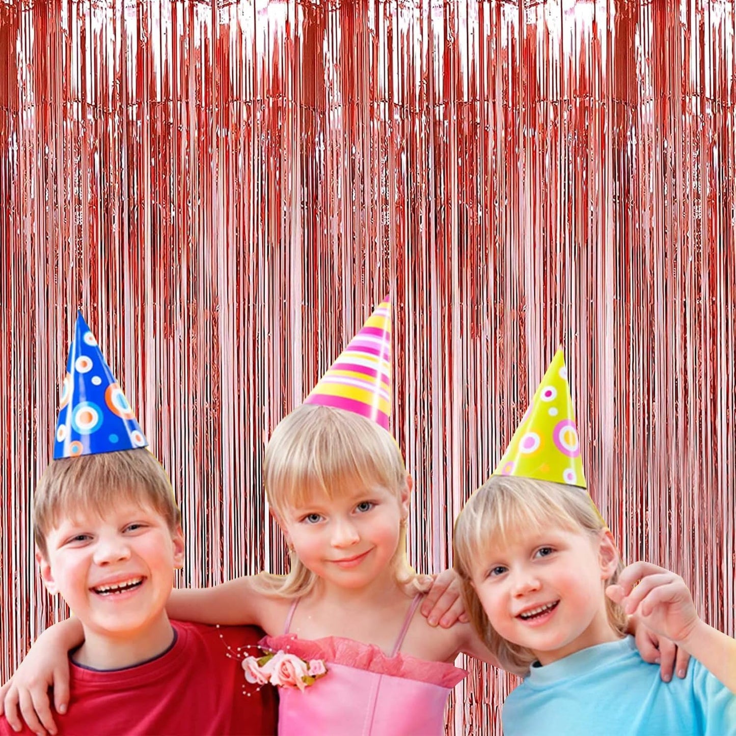 4P Metallic Foil Fringe Tinsel Table Skirts for Rectangle Tables Backdrop Banner Streamer Garland Curtains for Parade Floats Wedding Graduation Anniversary Birthday Parties Decoration (Rose Gold)