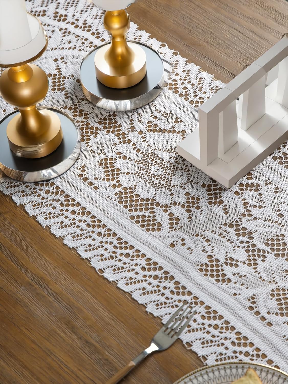 Jayla White Lace Table Runners, Elegant Vintage Lace Table Runner, Wedding Lace Decor with Floral Embroidery,Tea Party Decor, 13x36 Inch