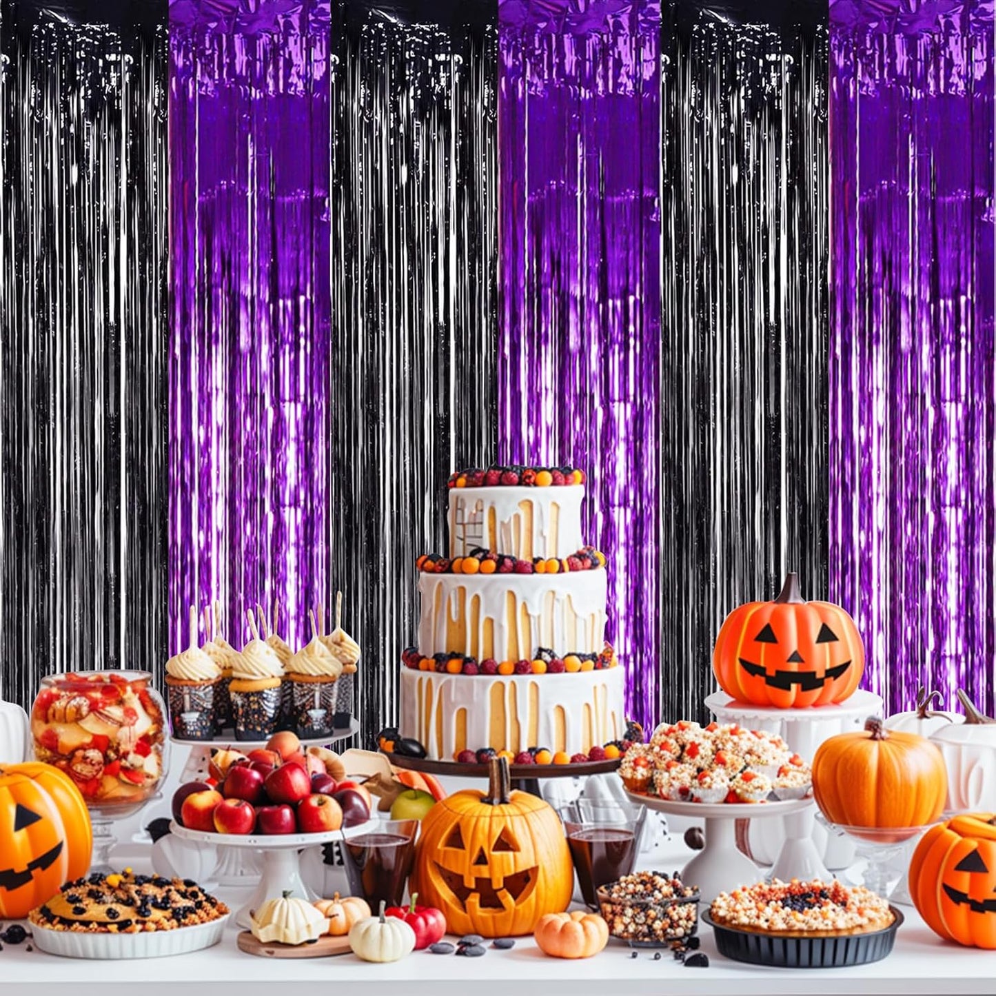 TONIFUL 2Pcs Black Purple Door Streamers,Photo Booth Backdrop Metallic Streamers Foil Fringe Curtains for Birthday Christmas New Year Bachelorette Halloween Party Streamers Decor