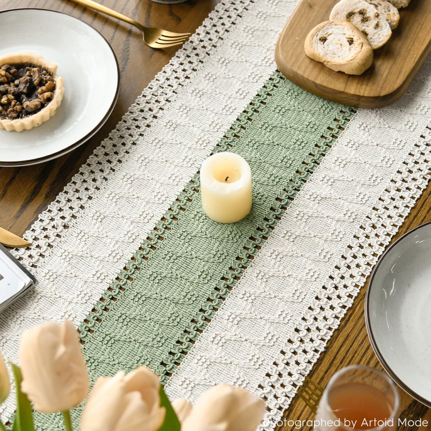 Artoid Mode Light Green Farmhouse Rustic Table Runner, Seasonal Holiday Hollow Kitchen Dining Table Decoration for Home Party Decor 12x72 Inch