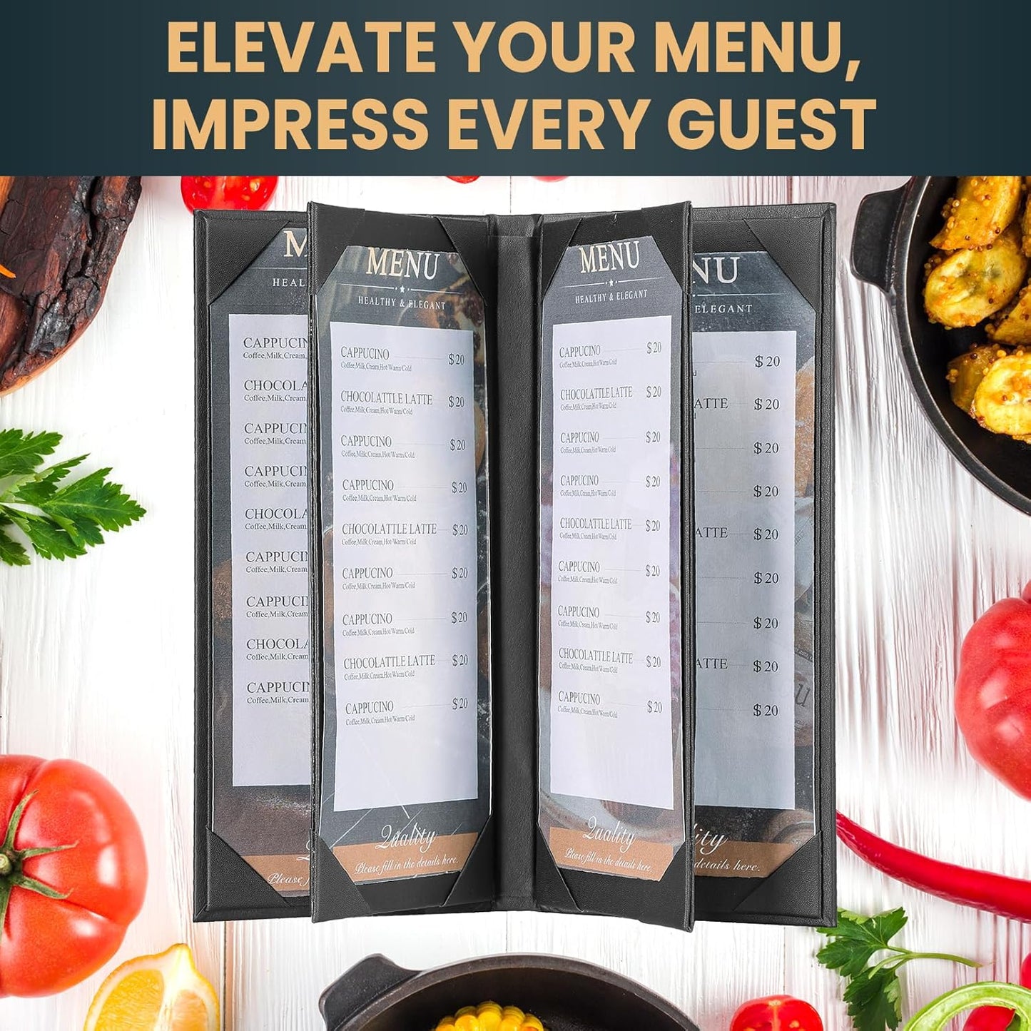 2 Pack 6 View Menu Holder Menu Covers 4.25" x 11" | Black Leather Menu Sleeves Book Style for Restaurant Coffee Bars Wine List