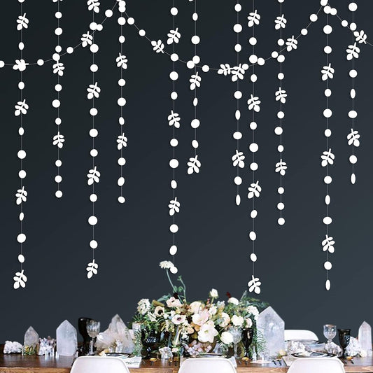 52Ft White Party Decoration Spring Leaf Polka Dot Garland Paper Hanging White Olive Leaves Circle Dot Streamer Banner for Engagement Wedding Bridal Baby Shower Bachelorette Birthday Tea Party Supplies