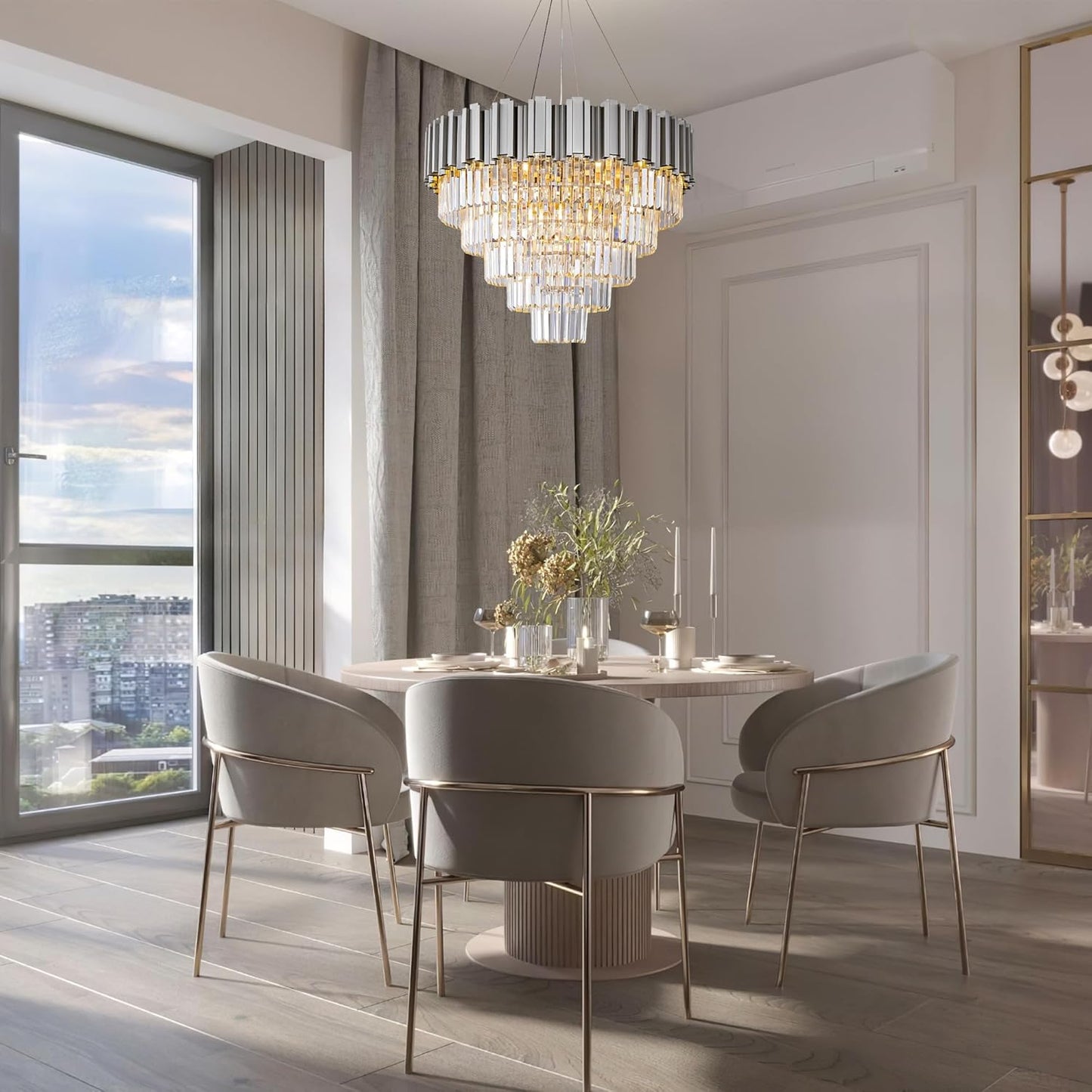 Modern Crystal Chandelier, 27.5" Silver Chandelier for Dining Room, 9-Light Luxury Round Chandeliers, 5-Tier Contemporary Light Fixture for Living Room, Bedroom, Foyer, Entryway