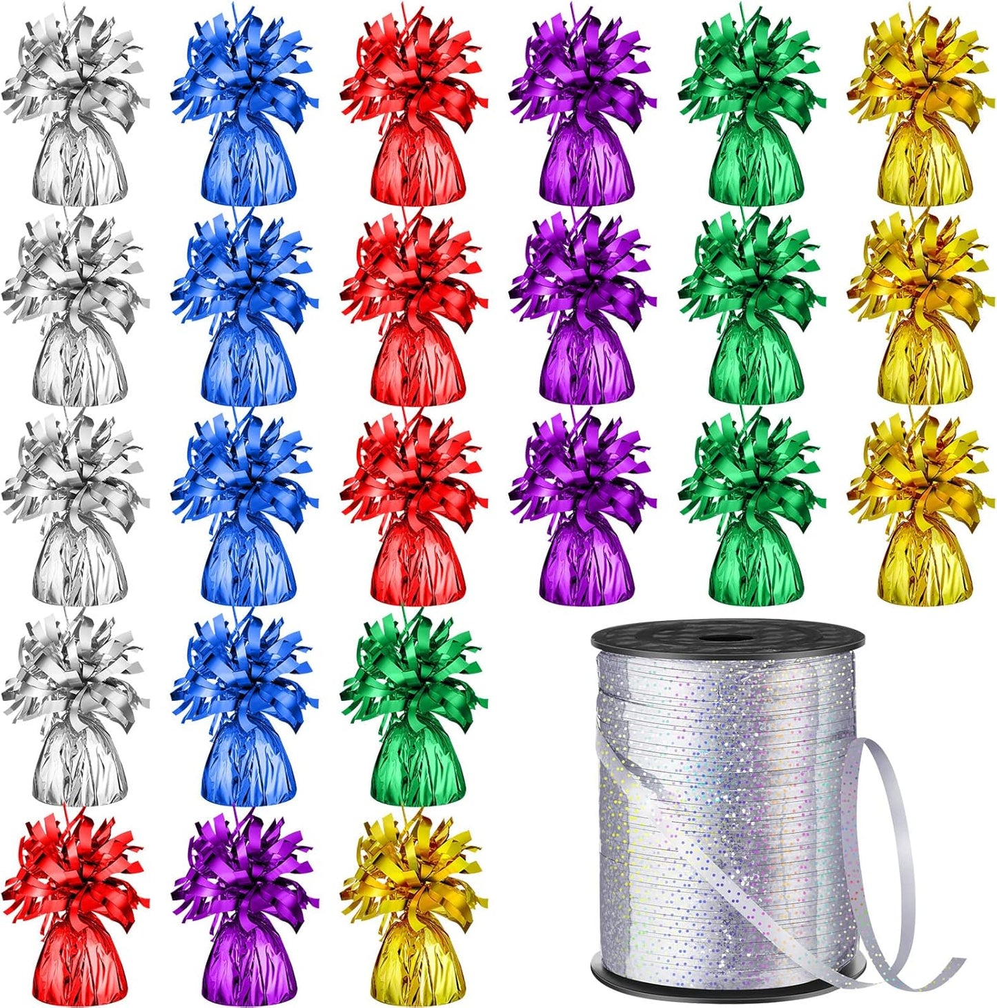 24 Pcs Balloon Weights Metallic Anchor Balloon Holder for Helium Balloons Heavy Table Weights and 1 Roll Iridescent Crimped Ribbon for Birthday Wedding Halloween Christmas Party(Stylish Colors)