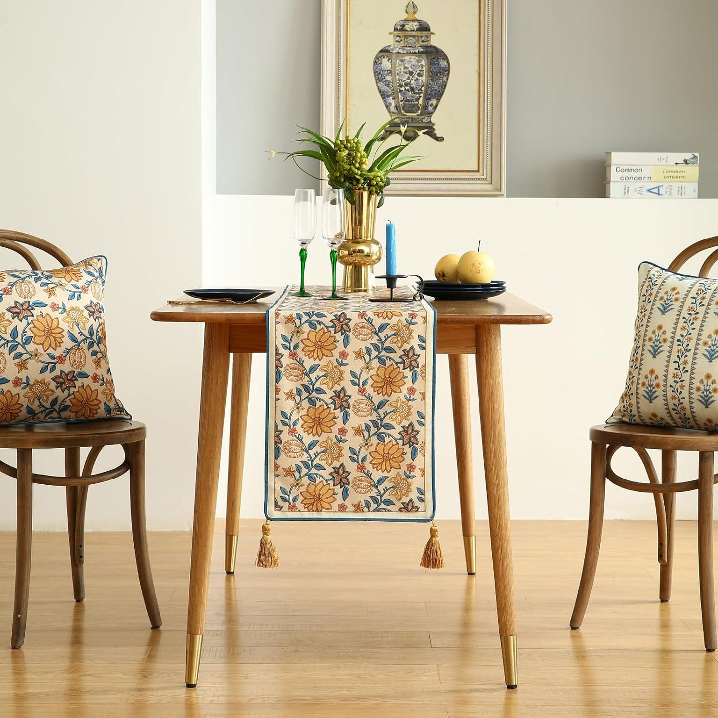 ISAENNE Designer Bohemian Elegant Linen Extra Long Table Runner 118 Inches,Floral Pattern Duable Decor Table Runners for Dining Tables,Thanksgiving,Kitchen Tables,Christmas,12"*118"-Estevan B