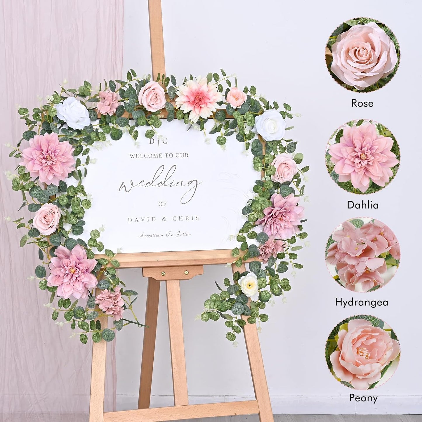 Waipfaru Artificial Flower Garland, 6.07ft Eucalyptus Garland with Flowers for Wedding Reception Table Mantle Room Decor (Rose Pink)