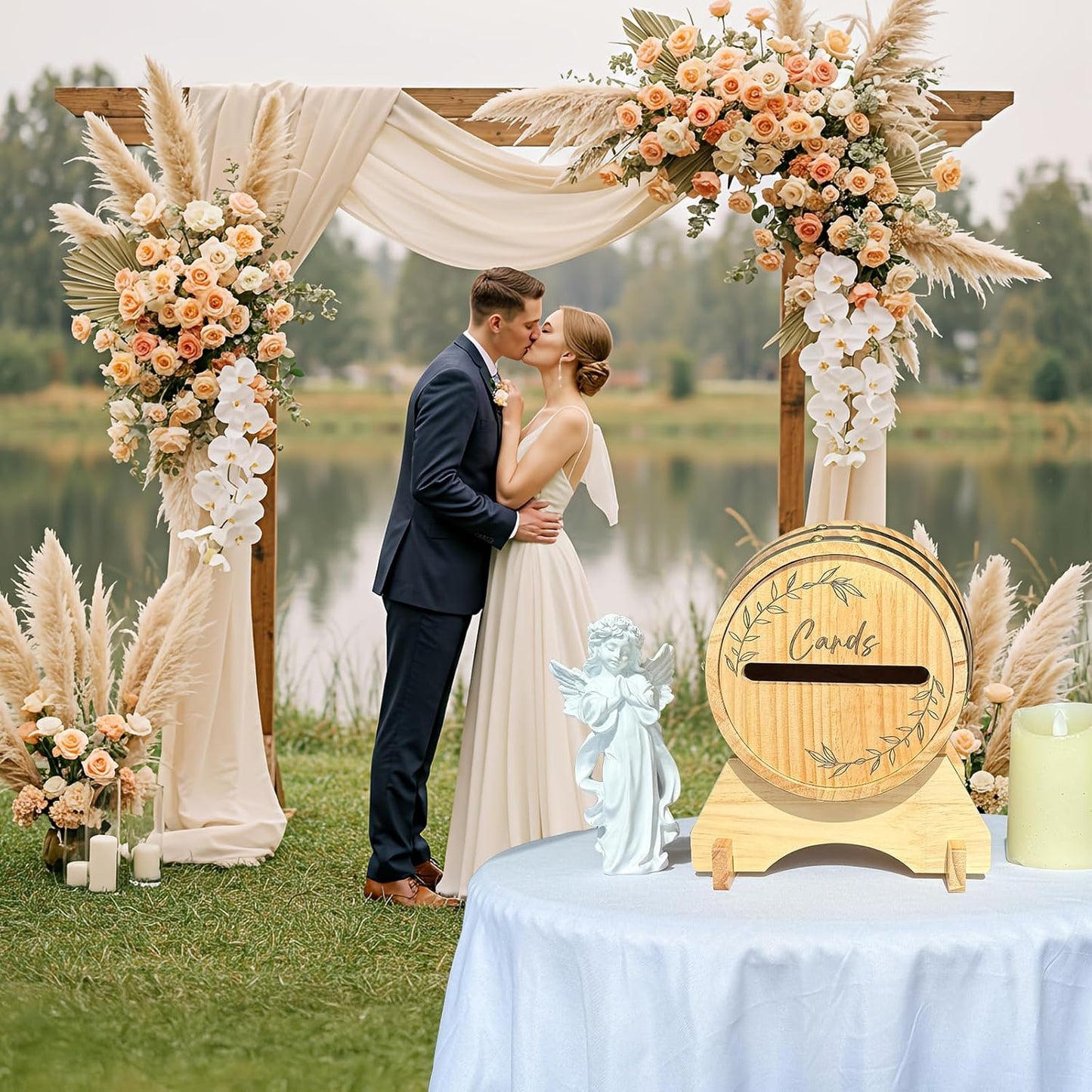 OurWarm Wooden Wedding Card Box for Party with Base, Whiskey Barrel Card Box for Wedding, Rustic Envelopes Gift Money Box Holder for Reception Graduation Baby Shower Birthday Party Decorations