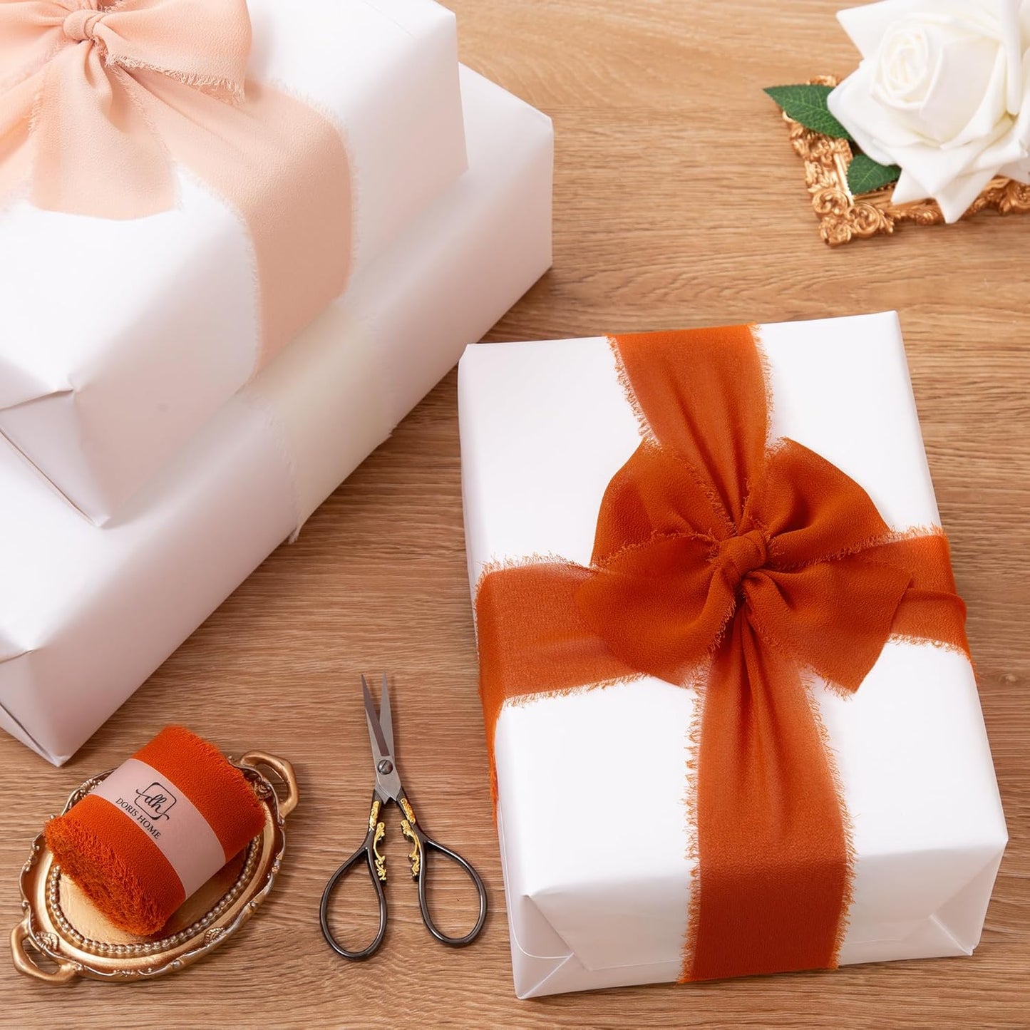 DORIS HOME Burnt Orange Chiffon Ribbon for Flower Bouquet, 2" x21Yd Fabric Ribbon for Gift Wrapping, Handmade Frayed Ribbon for Wedding/Christmas Decorations