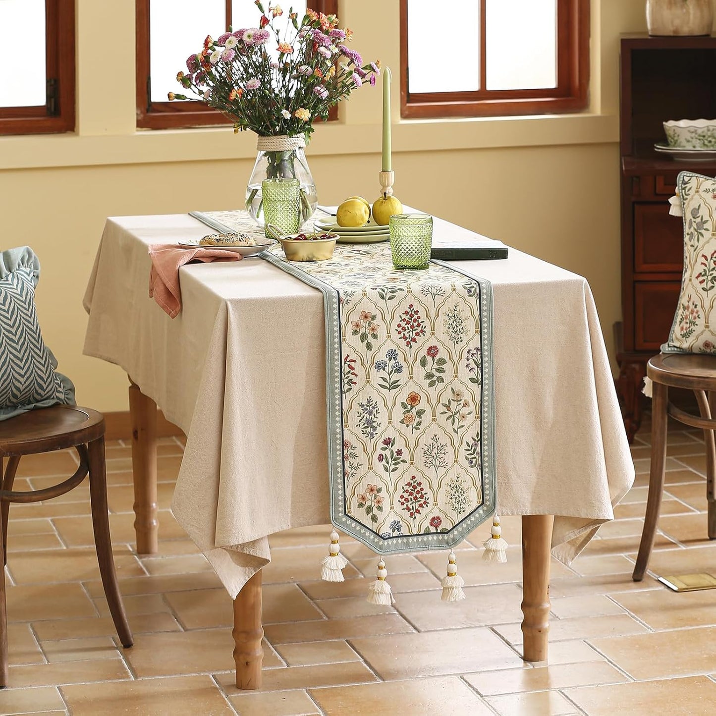 ISAENNE Designer Vintage Elegant Linen Table Runner 118 Inches Extra Long,Colorful Wildflower Pattern Runner,Decor Table Runners for Dining Tables,Thanksgiving,Christmas,12"*118"-Serenity B