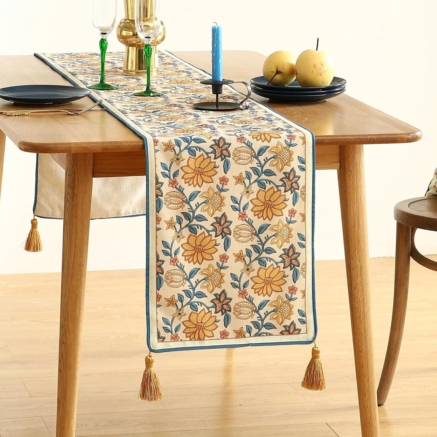 ISAENNE Designer Bohemian Elegant Linen Table Runner 87 Inches Long,Floral Pattern Duable Decor Table Runners for Dining Tables,Thanksgiving,Kitchen Tables,Christmas,12"*87"-Estevan B