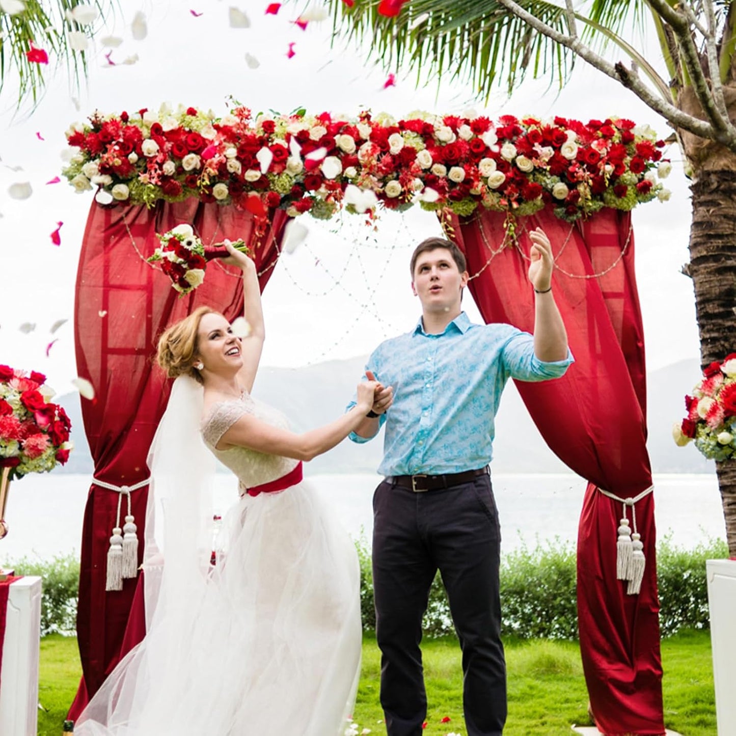 VOK Red Wedding Arch Draping Fabric Chiffon Fabric, 29in x 18Ft 2 Panels Sheer Chiffon Outdoor Curtain for Wedding Ceremony Birthday Party Decoration (Red,2 Panel)