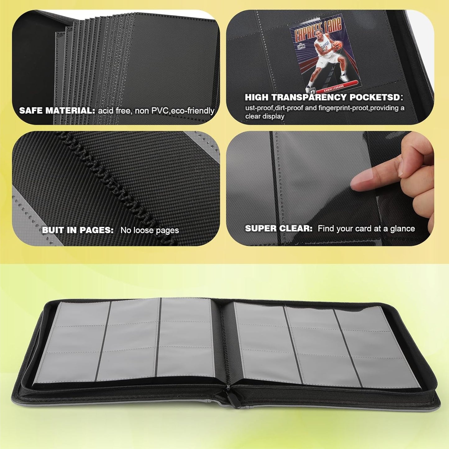 Trading Card Binder, Card Binder 9 Pocket for Trading Cards, Holds 540 Cards, Zippered Premium Card Collection Binder Album for Game Card, Sports Card, Yugioh, MTG (Carbon ash)