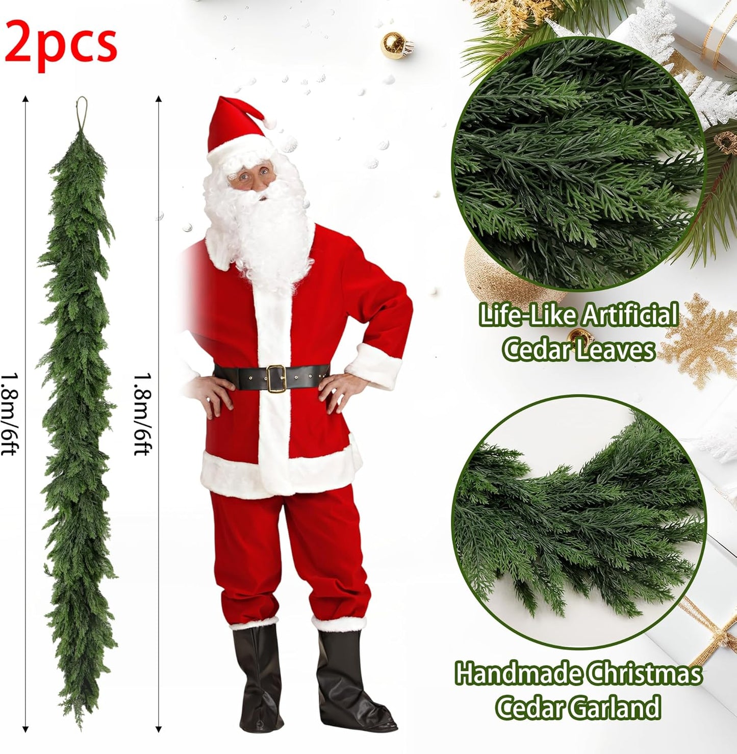 2PCS Christmas Cedar Garland 6FT Artificial Realistic Soft and Thickness Green Faux Cedar Pine Garlands, Holiday Xmas Decoration Stairs Wall Mantle Door Indoor Outdoor(2pcs, 6ft)