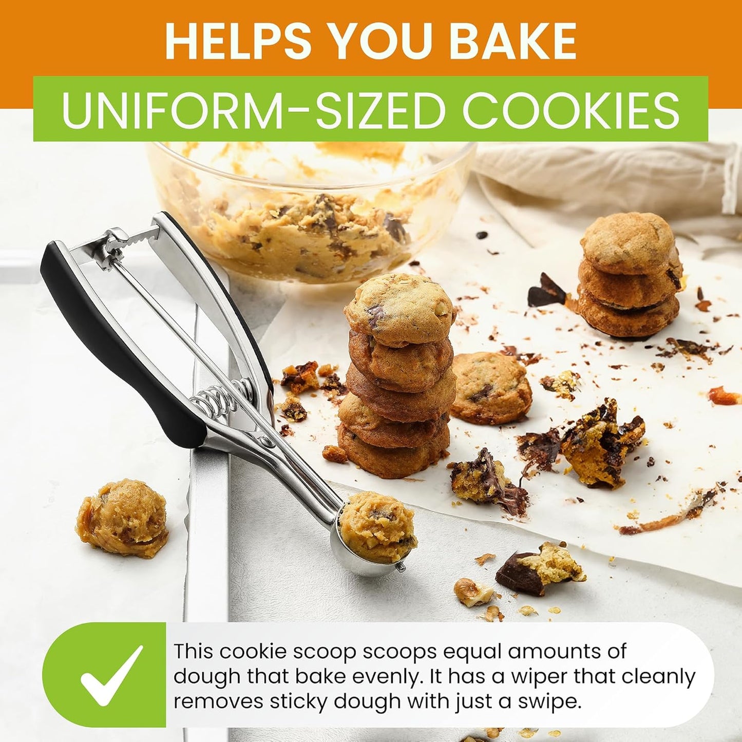 Spring Chef Extra Small Cookie Scoop, Stainless Steel Melon Baller, Baking Scooper, Spring Loaded Trigger for Cookie Dough, Ice Cream, Meatball, Cupcake - 0.6 tablespoon (tbsp) portion, #100, Black