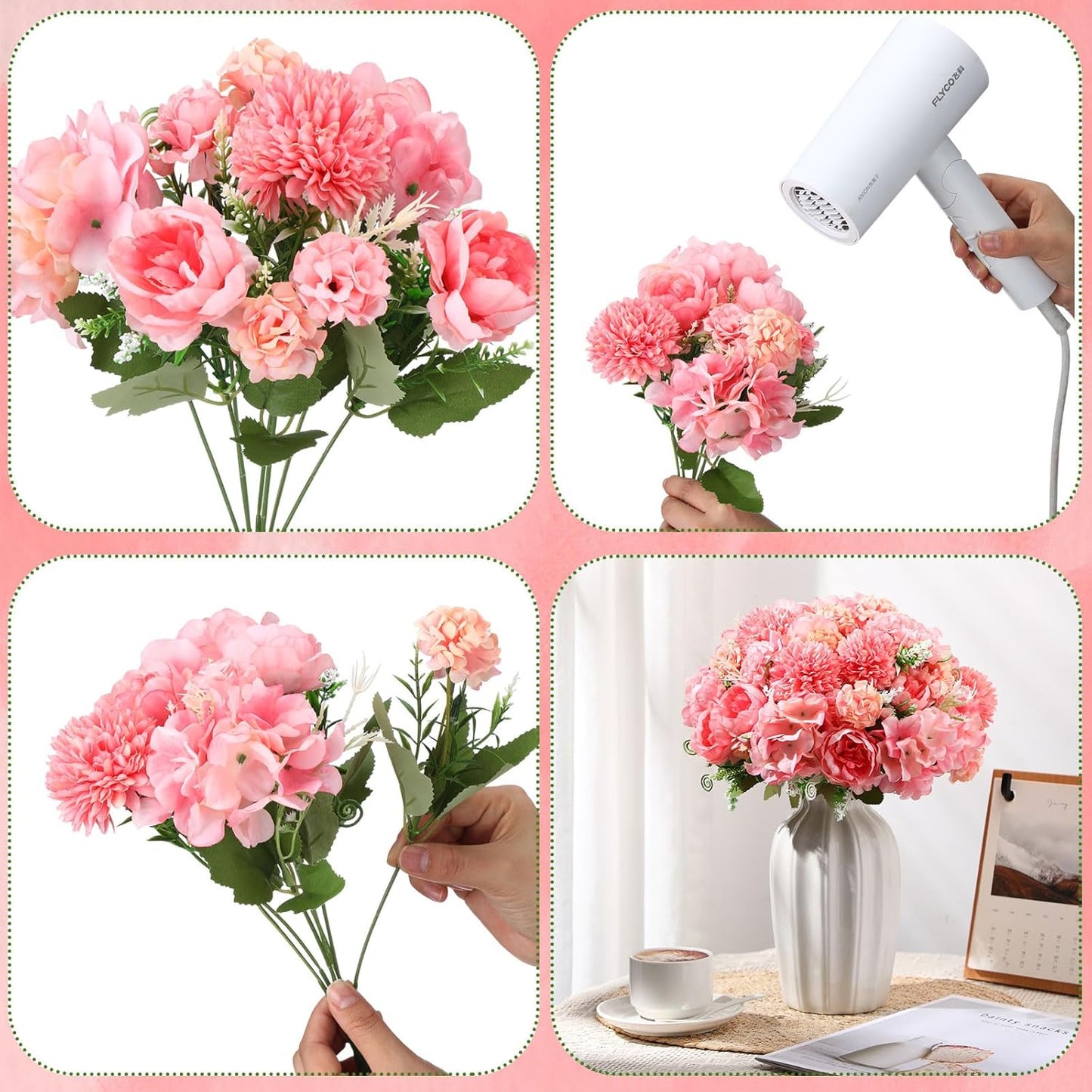 Tigeen Artificial Flowers Artificial Peonies Silk Flowers Faux Peony Fake Peony Silk Hydrangea Bouquet for Wedding Table Centerpiece Floral Vase Decor(Rose Pink,24 Bundles)