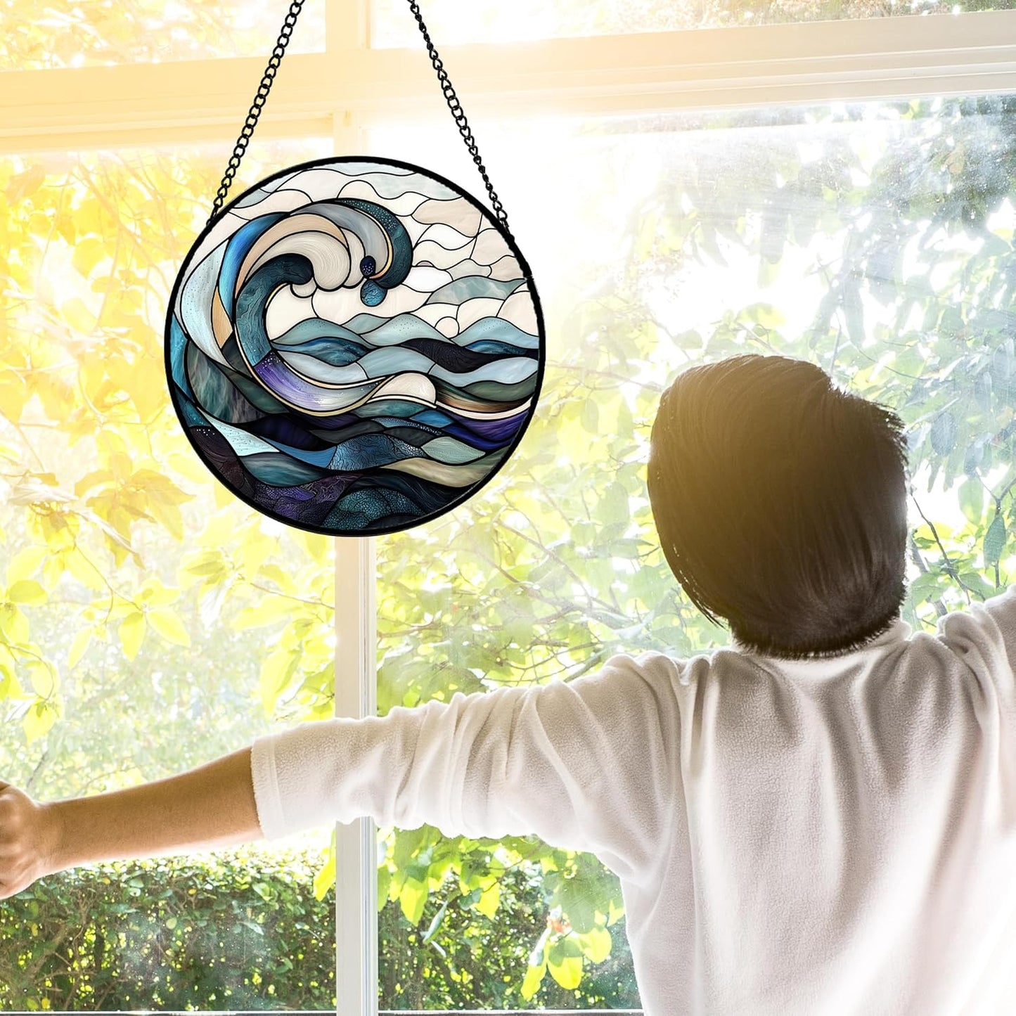 Stained Glass Window Hanging, Ocean Waves Sun Catchers Diamond Glass Panel Hangings Abstract Suncatcher Decor for Birthday for Women, Men, Wife, Aunt, and Mom 7.8 in