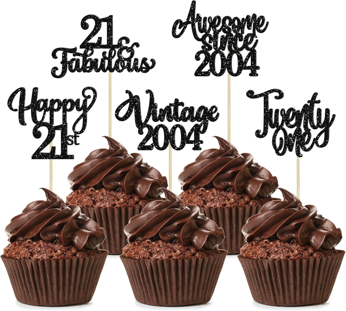 30Pcs Happy 21st Birthday Cupcake Toppers Glitter Awesome Since 2004 Twenty-one 21 Fabulous Vintage 2004 Cupcake Picks for 21st Birthday Anniversary Retirement Party Cake Decorations Supplies Black