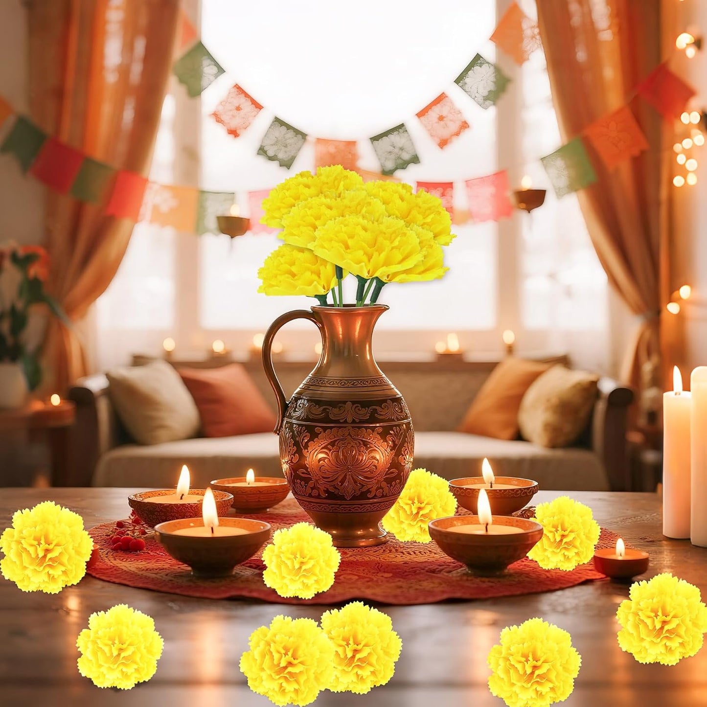 30 Pcs Artificial Marigold Flowers,3.54" Silk Marigold Flower Heads with Stems,Yellow Flowers Artificial for Diwali Decor,Indian Wedding,Home,DIY Wreath Garland,Day of The Dead Decorations