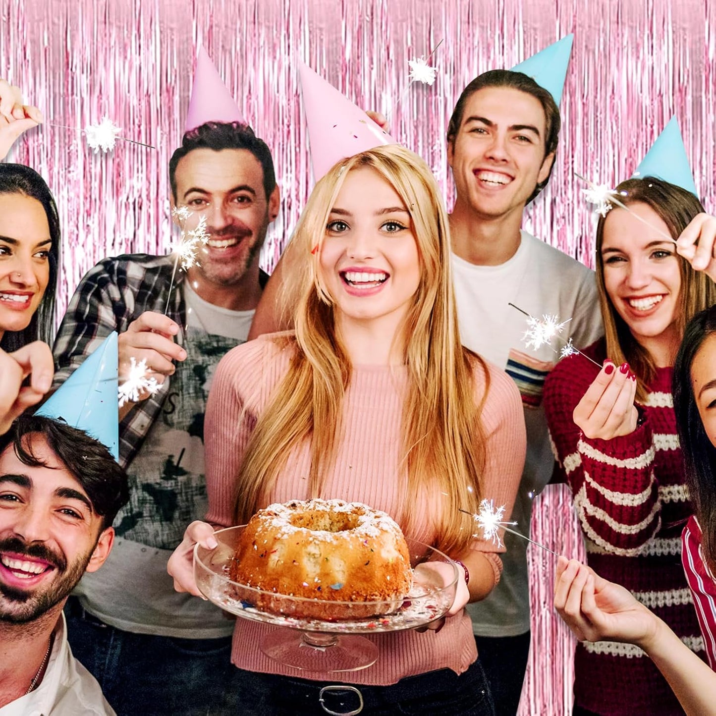 3 Pack Pink Foil Fringe Curtain Backdrop, 3.28Ft x 8.2Ft Metallic Tinsel Foil Fringe Streamer Curtains for Photo Booth, Christmas Day, Thanksgiving, Wedding, New Year Party Decorations